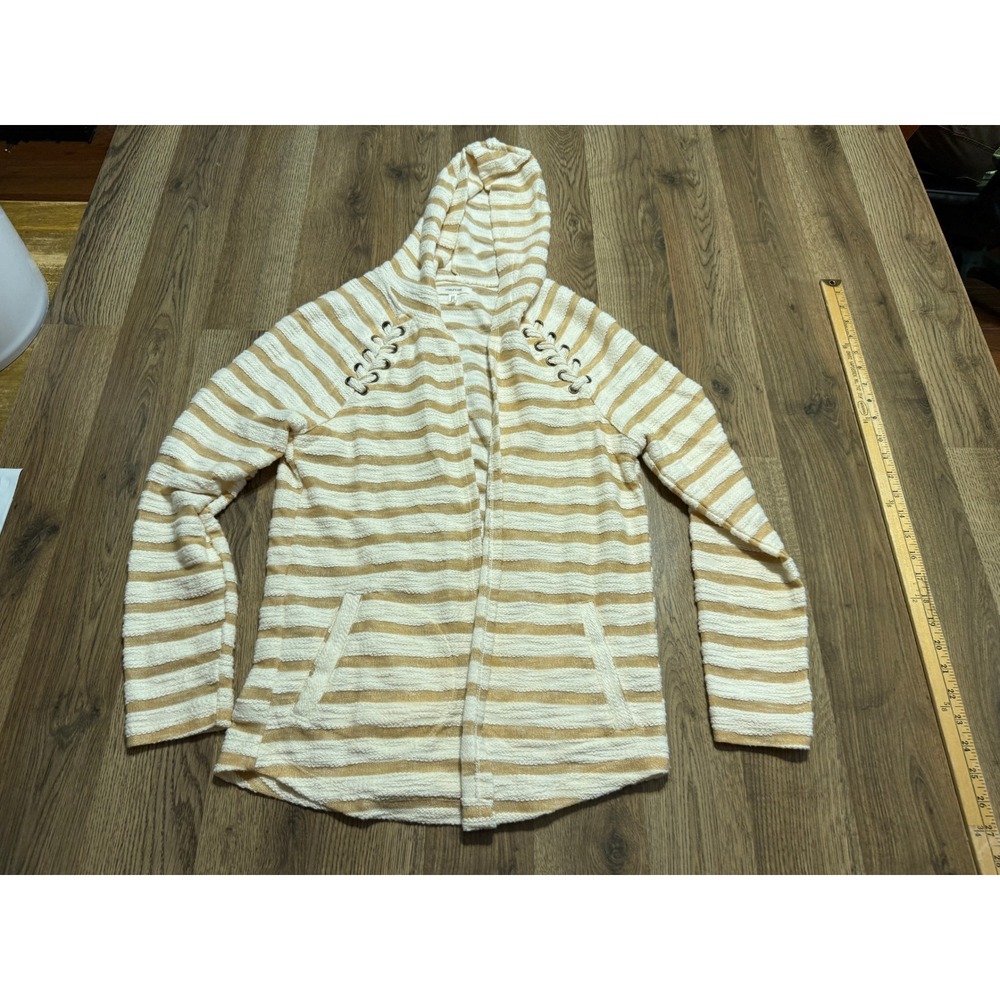 Maurices Sweater Womens Size XS Tan Striped Hoodie Open Front Lace Up Shoulder